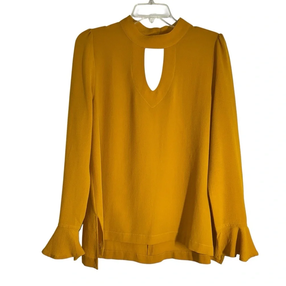 JODIFL Golden Mustard Yellow Double Keyhole Long Sleeve Blouse Wrist Ruffles